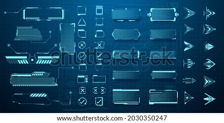Futuristic user interface elements arrow, button, frame. Holographic elements of the hud user interface, high-tech panels. A set of illustrations of interface icon. Panels, hologram window or display Imagine de stoc © 
