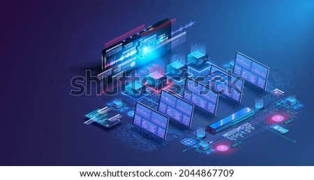 Big data analytics, computing in data center. Monitor with data about system files. Data transmission technology. Monitoring and testing of the digital process. Vector illustration isometric style