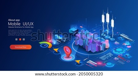 Smart city or intelligent building concept. Residential urban buildings for isometric innovation flat design. Smart city vector illustration of town with digital communication technology
