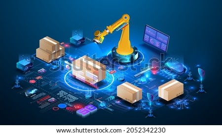 Smart warehouse technology. AI manages a smart warehouse. Future concept of supply chain and logistic business.  Robot Palletizing Systems, Robotic arm loading and scan cartons on pallet. Isometric