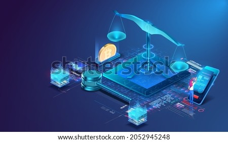 A woman reading a document. The concept of legislation on cryptocurrencies, legal regulation of cryptocurrencies or digital currency, the law on blockchain.  Signed document with bitcoin. Vector Stockfoto © 