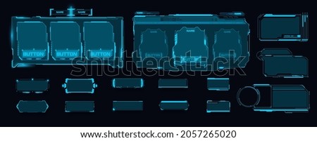 Template of digital frames, buttons. Sci-Fi HUD Futuristic design of game GUI elements with square frames. Blue footnotes  for shop and daily reward. isolated on black background