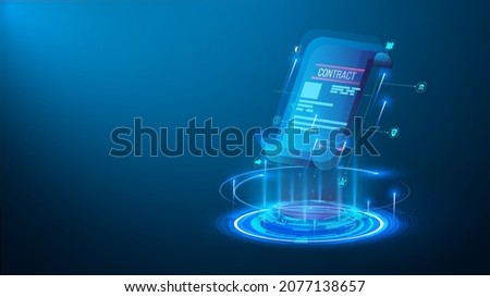 The concept of an electronic contract or digital signature. A hologram of an electric smart certificate, blockchain or contract. Template for the layout of a website or web page. Vector illustration