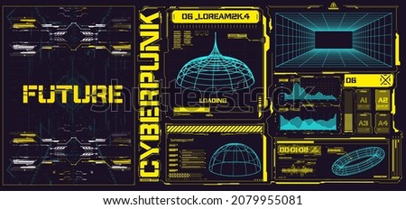 Cyberpunk retro futuristic poster set abstract cosmic shapes. Digital design elements hud style. Trendy 2022 shapes in cyberpunk style. Bar labels,info box bars. Futuristic info boxes layout templates