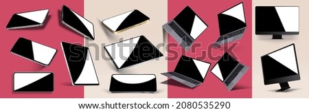 Device poster with floating realistic gadgets mockup with empty screens. Tablet, phone, computer, laptop reflect light in different angles, isolated layouts.  Electronic equipment advertisement banner