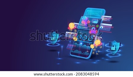 Smart wallet concept credit or debit card payment application on smartphone screen. Neon key and lock hovers over the phone. Concept of mobile phone and personal data protection. SHOTLISTbanking