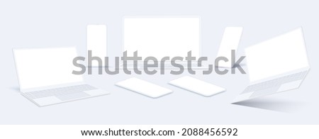 White desktop computer display screen smartphone portable notebook. Outline mockup electronics devices phone and laptop
