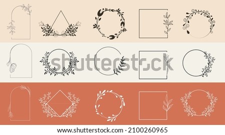 Plant with seeds exotic flower with leaves in outline style. A set of elements of botanical design. Frames, borders, wreaths, leaves, herbs, flowers, bouquets. Botanic floral elegant square frame set 