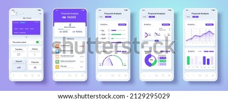 Neomorphism bank app interface design on smartphone screen. Online banking app concept design. UI, UX, GUI set with wallet.  Diagrams, clean and simple app interface. Vector illustration