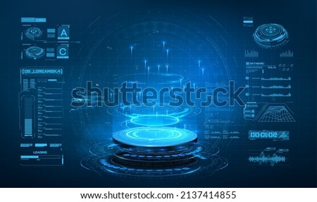 Futuristic lighting and bright wrapping aura. The game effect of increasing the level and teleportation process.  Modern futuristic neon blue circle, portal in smoke. Stage for product light platform