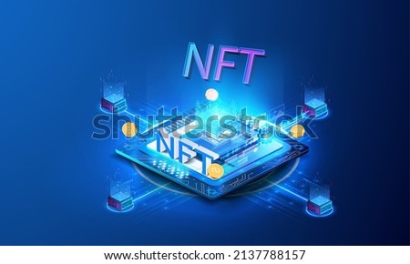 Isometric NFT with blockchain technology. Product from cryptocurrency technology.  Banner Non-fungible token with aspects of intellectual property. Digital items for crypto art. Vector