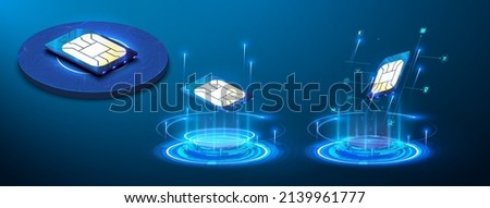 Sign of the sim card chip. Holographic projection. a new modern innovative SIM card. Embedded SIM concept. New mobile communication technology and processor background circuit board. Vector Stockfoto © 