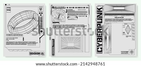 Collection of modern abstract posters. In acid style. Retro futuristic design elements, perspective grid, tunnel, circle. Black and white retro cyberpunk style. Futuristic info boxes layout templates.