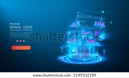 Program code and programming languages on blue glowing background. Abstract technological experience of software developer and a computer script. Page template on topic of programming and development.