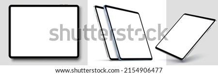 Blank screen realistic tablet frame, rotated position, side view, top view. The tablet is at different angles. Layout of a universal set of devices. UI, UX Template for infographics or presentation.