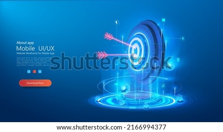 The concept of a target with a glowing hologram of the target and an arrow hitting the center. Growth strategy or financial goal concept. Symbolic goals achievement, success, victory. Vector