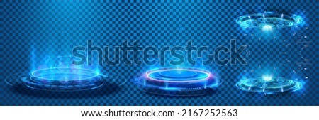 Circle portals, teleport, hologram gadget. Blank display, stage or magic portal, podium for show product in futuristic cyberpunk style. Sky-fi digital hi-tech fui elements for presentation product. 