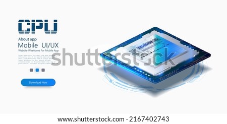 Digital chip computer processor and electronic components. Semiconductor technology concept. Isolated futuristic microchip core.  CPU isometric banner. Vector illustration