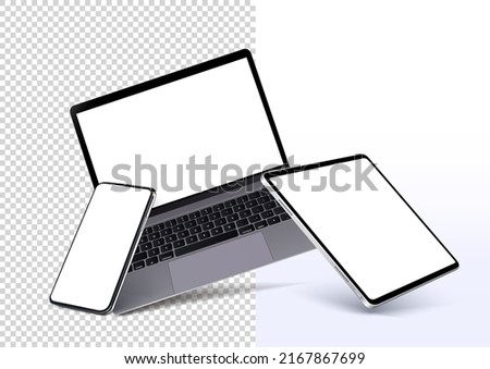 Gadget Realistic Layouts - smartphone, tablet, laptop with a blank screen for your design. Layouts of electronic devices in the rotated position. Stock Vector illustration