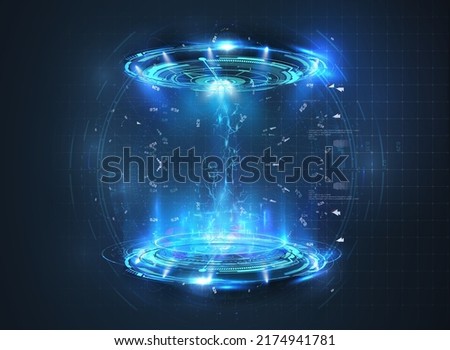 Circle portal, teleport, hologram gadget. Blank display, stage or magic portal, podium for show product in futuristic cyberpunk style. Sci-fi digital hi-tech elements for presentation product.