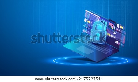 Modern illustration of data protection, a lock on 
background of a laptop with data and cloud storage. Cyber security, antivirus, encryption, data protection. Software development. Vector illustration