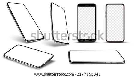 Layout of an empty application interface on phone screen. Modern mobile phone in various positions, front view, side view, top view and tilt view. Smartphone collection  isolated on white background. Stock foto © 