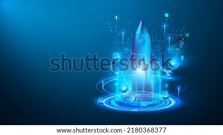 Futuristic rocket takes off, on blue background. Experience 3D Metaverse. Business Start up launching product with rocket concept. The rocket takes off from portal or hologram. Template and Background
