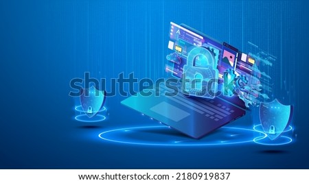 The concept of data security protection on a blue laptop. Computer network security technology. Processing and online data protection via a secure Internet connection. System confidentiality.