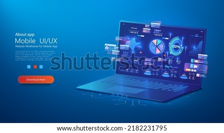 Application of laptop business graph and analytics data on isometric laptop. Analysis trends and financial strategy by using infographic chart. Online statistics, data Analysis. Forex, Stock Market