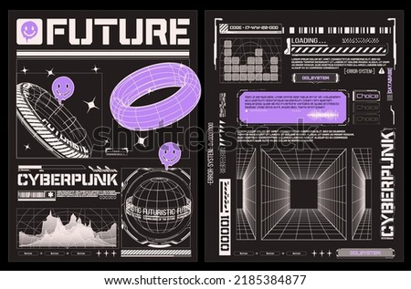 Collection of modern abstract posters. In acid style rave, mesh, text design, planet earth. Retro futuristic design elements, perspective grid, tunnel,circle. Illustration isolated on black background