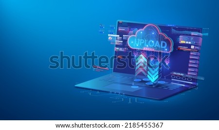 Cloud, the concept of cloud storage, data transfer, against the background of a modern laptop, with graphics and HUD interface.  Remote data center for the management of modern technologies. Vector