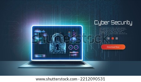 Laptop with shield, Cyber Security concept. Laptop and cloud data under the protection. Padlock With Keyhole icon in personal data security. Data protection on the laptop screen. 