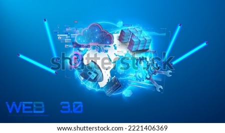 Web 3 0 word concept futuristic background.  Internet that has become prevalent with Blockchain technology in futuristic blue neon color. Upgrade new Technology. Vector illustration