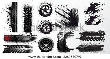 Marks and dirt. Drag racing, drift, ралли, мотокросс, off-road and other. Car tires print, grunge off road wheels marks. Bike or truck wheel protector trails. Car tires in different angles, top, side.