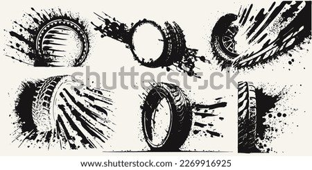 Marks and dirt. Drag racing, drift, rally, motocross, off-road and other. Car tires print, grunge off road wheels marks. Bike or truck wheel protector trails. Car tires in different angles. Vector