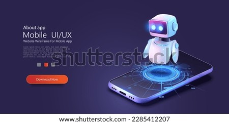 Cute neon cartoon robot. AI Content Generator. Chatbot technology, isometric. Technology and engineering. AI chat bot based on artificial intelligence and neural networks. Online training banner.