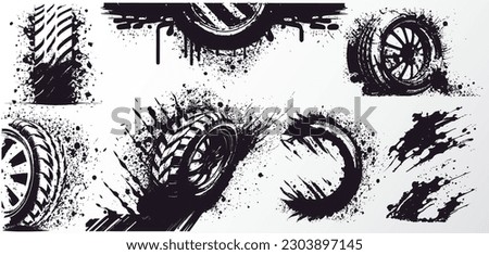 Marks and dirt. Drag racing, drift, rally, motocross, off-road and other. Car tires print, grunge off road wheels marks. Bike or truck wheel protector trails. Vector illustration