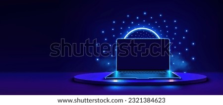 A laptop with a blank blue screen on a futuristic podium, highlighted on a black background with the effect of neon lighting from the podiums. A laptop with an empty touch screen. Vector illustration