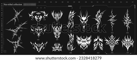 Acid Neo-tribal shapes. Abstract ethnic shapes in gothic style. Gothic Y2K sharp elements. Hand drawn modern elements for typography, tattoo, poster, cover. Vector illustration