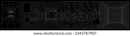 Set of distorted vertical grid pattern, flower text pattern. Y2K Retrowave shapes, geometry wireframe grid backgrounds in neon white color. Retro isolated 1980s, 90s, 2000s style. Print, banner.