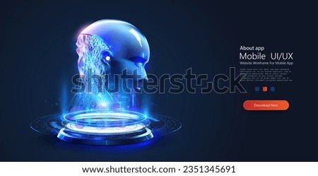 Circle portals, teleport, hologram gadget. Blank display, stage or magic portal, podium. Humanoid face of mechanical cybor. Artificial intelligence in humanoid head with neural network thinks. Vector 