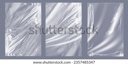 Collection transparant wrinkled plastic. Realistic mockup of clear polyethylene, crumpled elastic foil material isolated on transparent background. Vector illustration