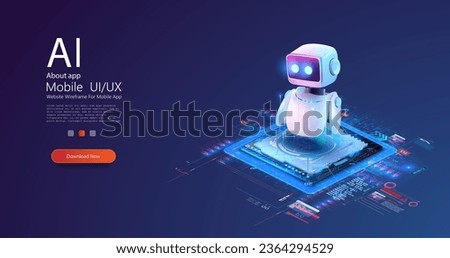Isometric robotic on processor chip. 3D Robot chatbot, AI in science and business. Futuristic microchip processor with lights on the blue background. Quantum computer. Vector illustration