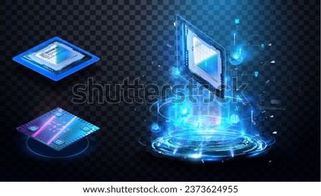 Central Computer Processors CPU concept. Workflow of modern powerful processor. Projection of a futuristic microchip on transparent background.  Presentation processor with hosting. Vector illustraton