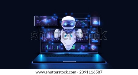 AI helps programmer creates software. Futuristic technology transformation. Data analytics and insights powered by big data and artificial intelligence technologies. Robot works at the computer.