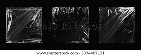 Set of High-Resolution Transparent Plastic Wraps with Realistic Textures and Folds. Plastic sleeve or wrap with fingerprints texture overlay. Realistic set of square plastic package mocku. Vector