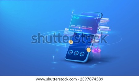 Futuristic Digital Banking Interface with Credit Cards and Secure Transactions. Online banking, login, protection, The concept of a smart wallet an application for payment by credit and debit card.