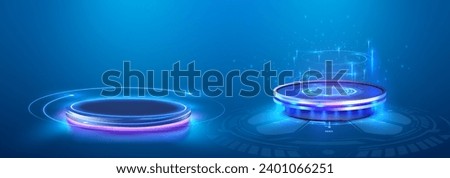 Futuristic podiums, teleport platforms with neon glow and hologram effect.  3d futuristic platforms with blue neon beams isolated on blue background. Virtual reality, cyber space podiums. Vector