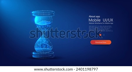 Digital Hourglass Concept with Luminous Sand - Time Management in Technology Era Illustration. Low poly wireframe sandglass looks like constellation on dark blue background. Vector