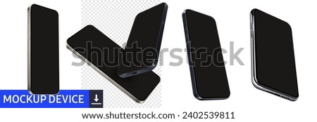 Smartphone mockup. Dynamic Display of Multiple Smartphone Mockups in Various Angles Isolated on Transparent Background. High quality realistic trendy no frame smartphone with blank black screen.